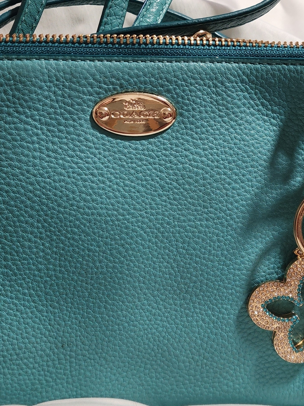 Coach Pebbled Leather Teal Tote with Gold Hardware